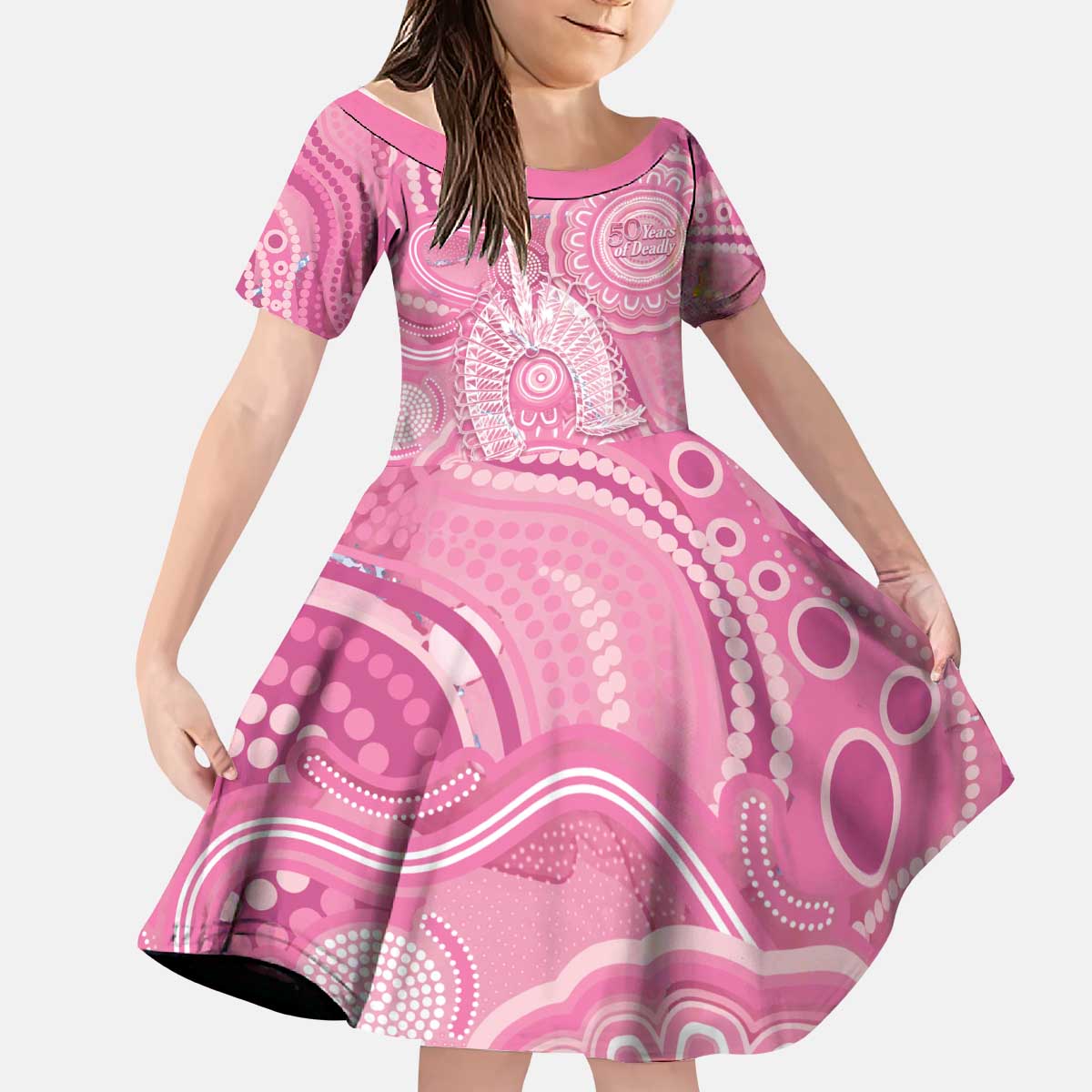 50 Years Deadly NAIDOC Week 2026 Personalised Kid Short Sleeve Dress Dhari Pink Indigenous Art