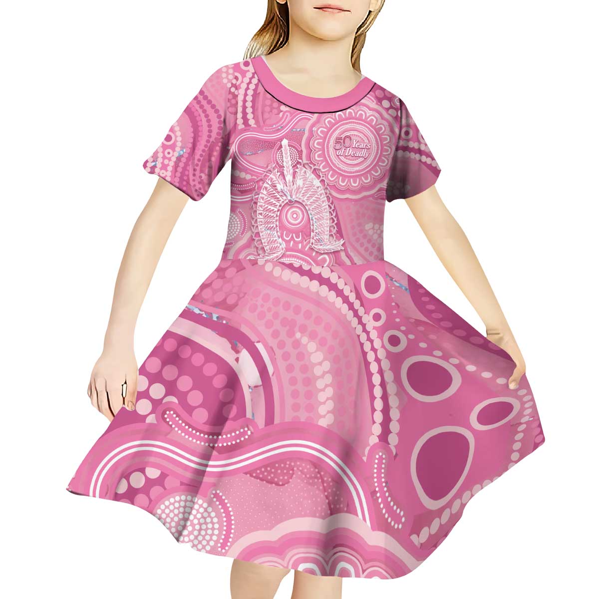 50 Years Deadly NAIDOC Week 2026 Personalised Kid Short Sleeve Dress Dhari Pink Indigenous Art