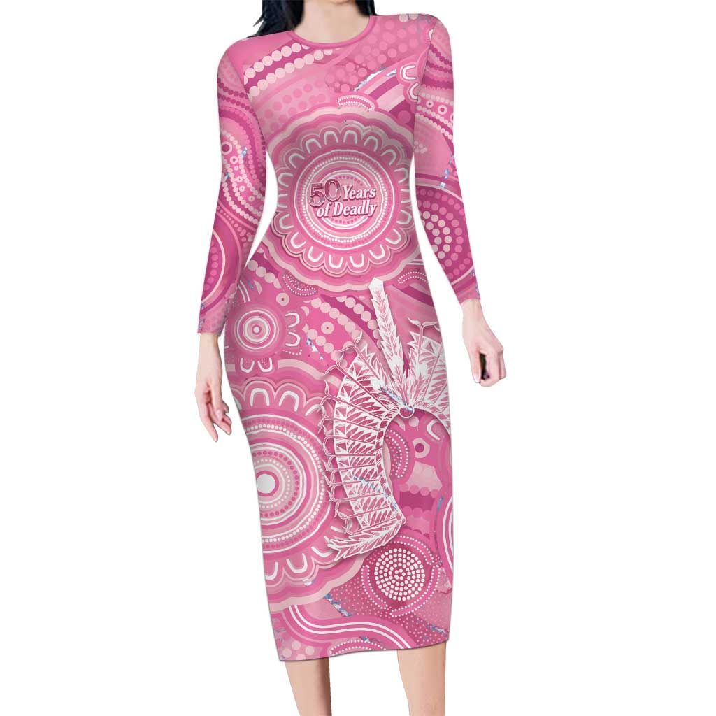 50 Years Deadly NAIDOC Week 2026 Personalised Long Sleeve Bodycon Dress Dhari Pink Indigenous Art