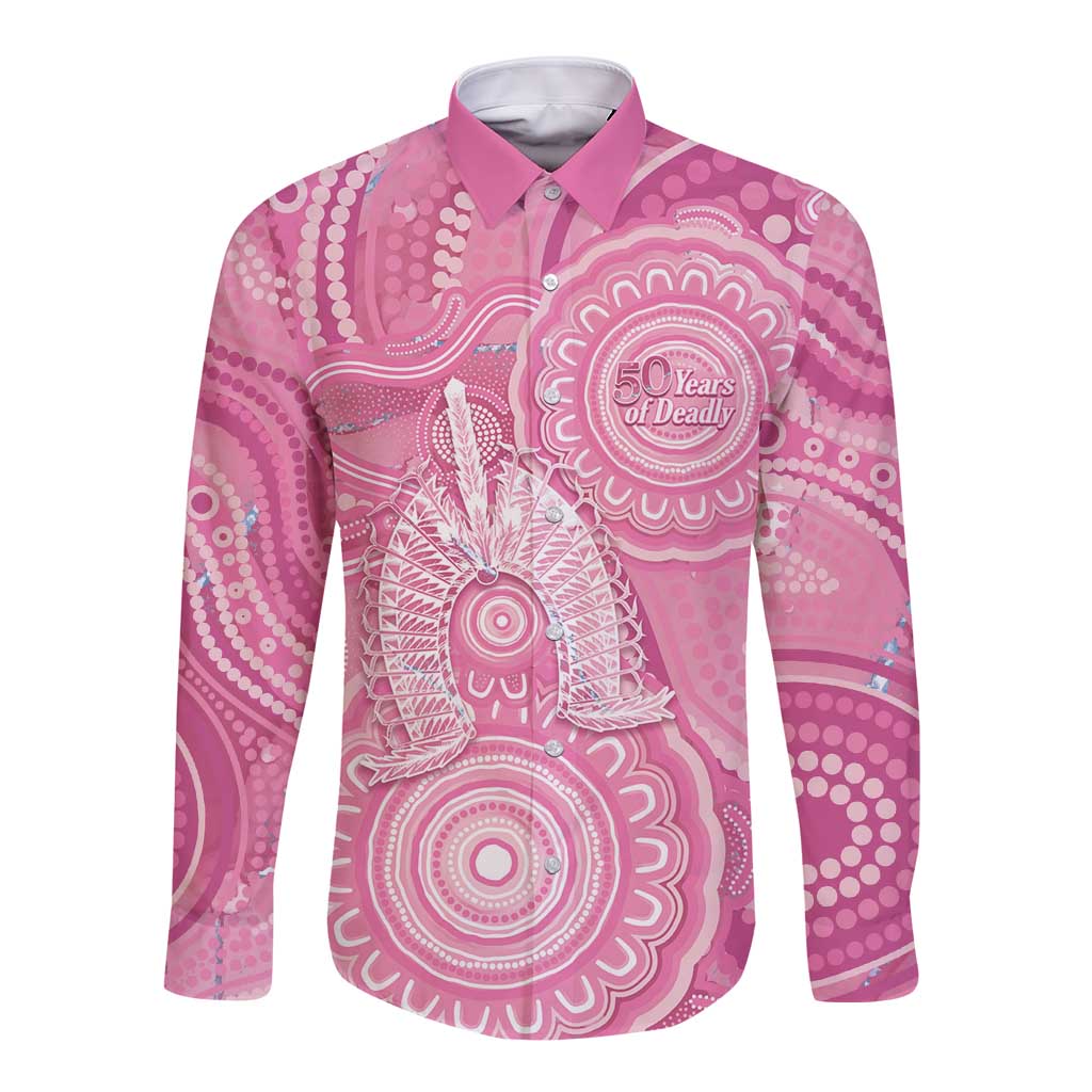 50 Years Deadly NAIDOC Week 2026 Personalised Long Sleeve Button Shirt Dhari Pink Indigenous Art