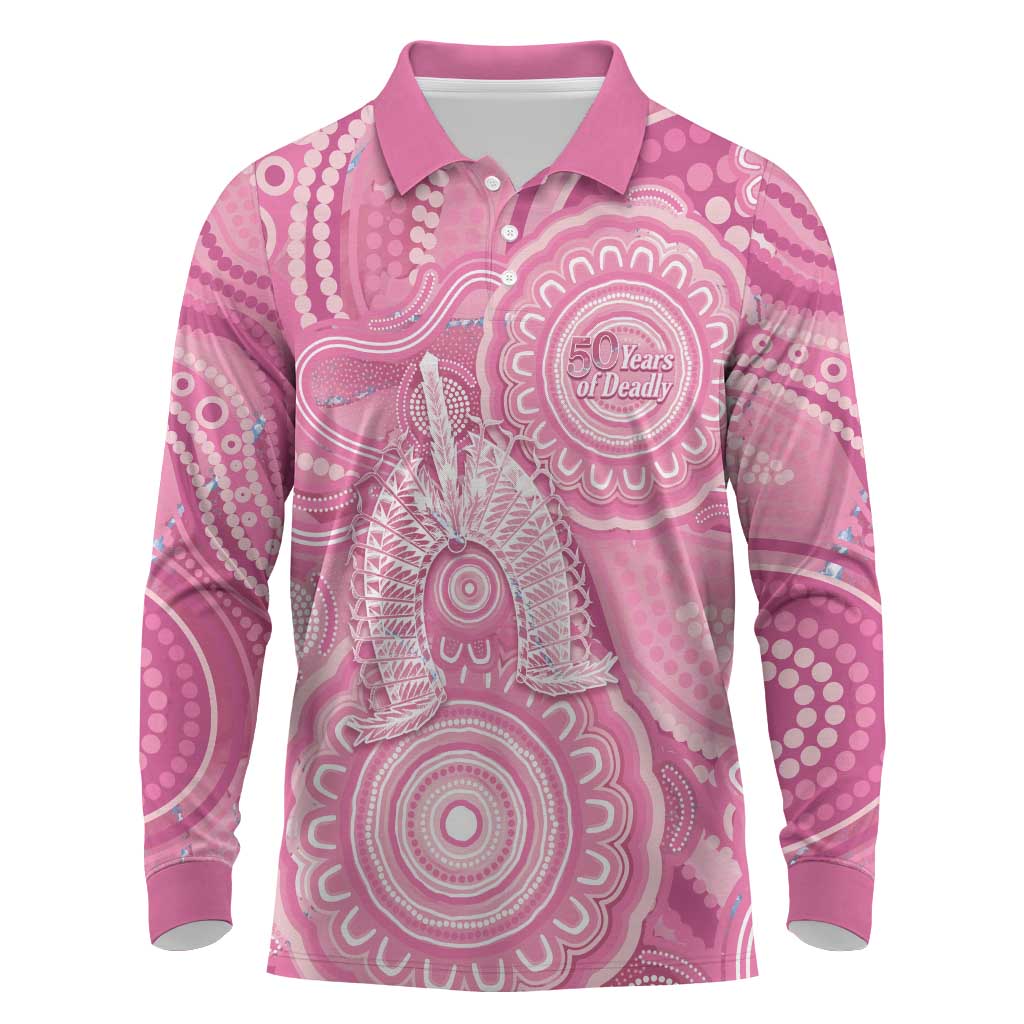 50 Years Deadly NAIDOC Week 2026 Personalised Long Sleeve Polo Shirt Dhari Pink Indigenous Art