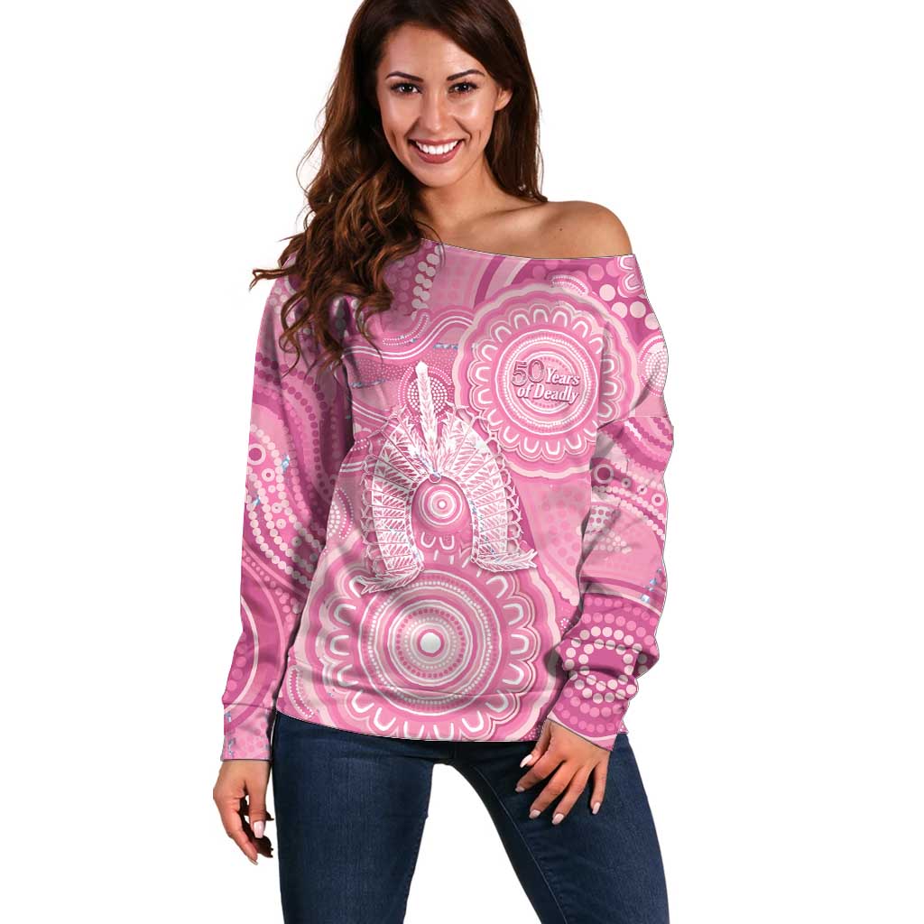 50 Years Deadly NAIDOC Week 2026 Personalised Off Shoulder Sweater Dhari Pink Indigenous Art