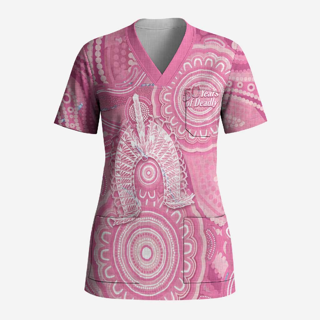 50 Years Deadly NAIDOC Week 2026 Personalised Scrub Top Dhari Pink Indigenous Art