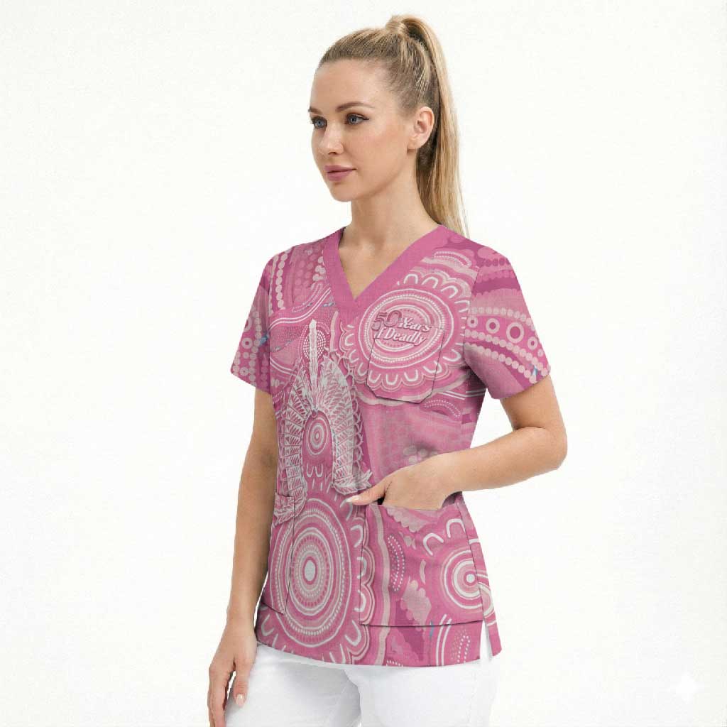 50 Years Deadly NAIDOC Week 2026 Personalised Scrub Top Dhari Pink Indigenous Art