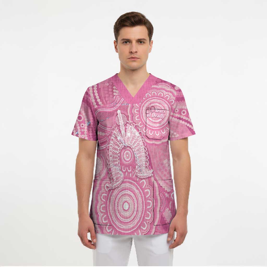 50 Years Deadly NAIDOC Week 2026 Personalised Scrub Top Dhari Pink Indigenous Art