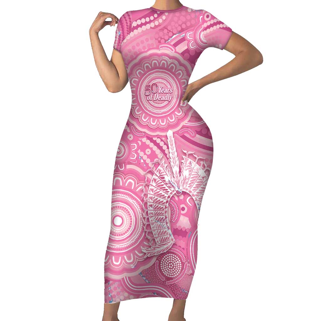 50 Years Deadly NAIDOC Week 2026 Personalised Short Sleeve Bodycon Dress Dhari Pink Indigenous Art