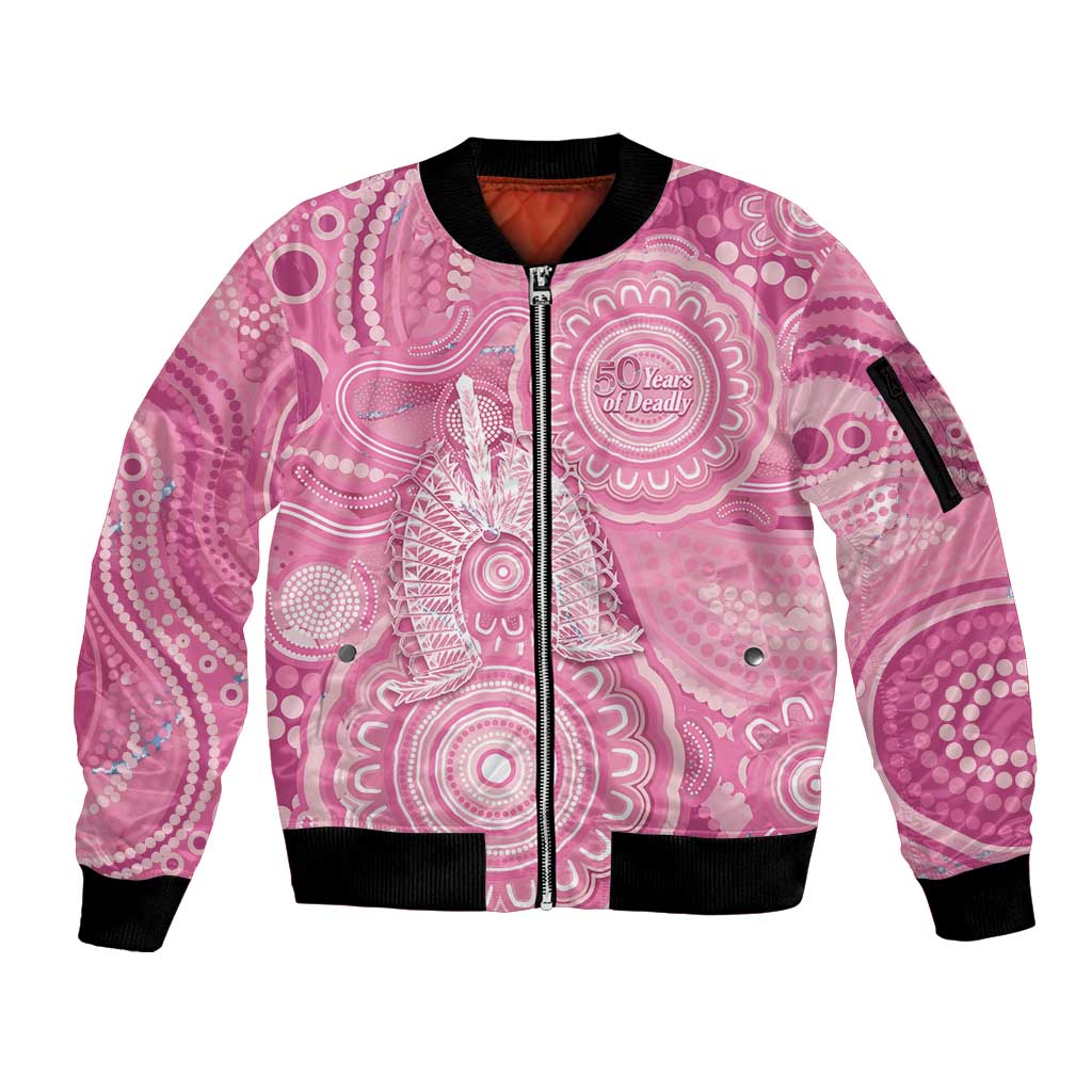 50 Years Deadly NAIDOC Week 2026 Personalised Sleeve Zip Bomber Jacket Dhari Pink Indigenous Art