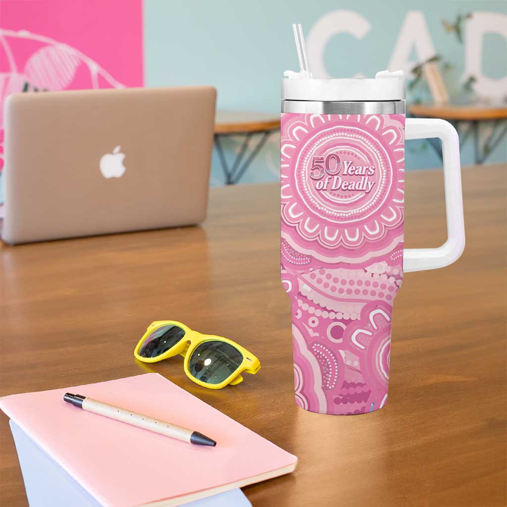 50 Years Deadly NAIDOC Week 2026 Personalised Tumbler With Handle Dhari Pink Indigenous Art