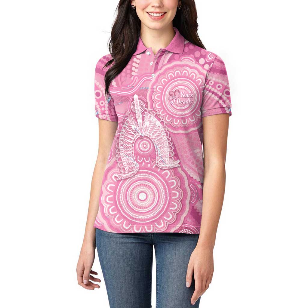 50 Years Deadly NAIDOC Week 2026 Personalised Women Polo Shirt Dhari Pink Indigenous Art