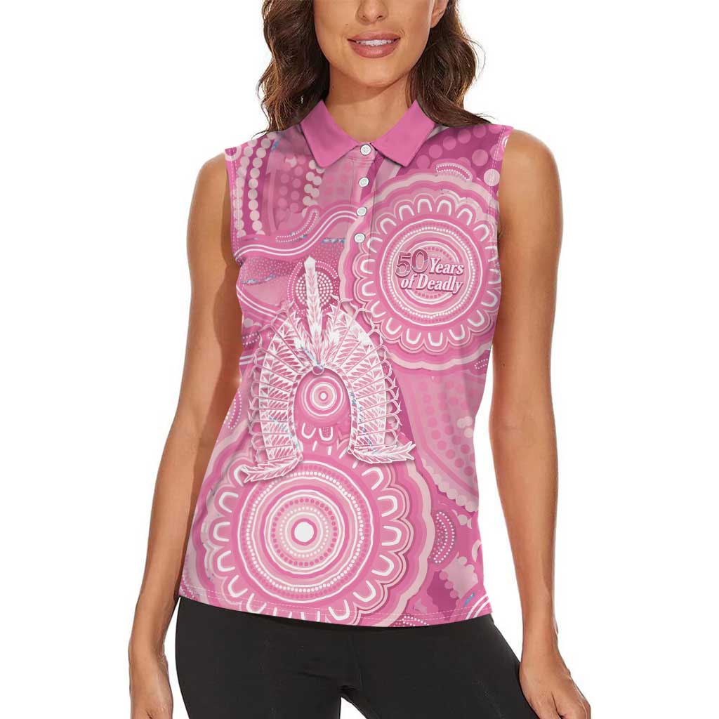 50 Years Deadly NAIDOC Week 2026 Personalised Women Sleeveless Polo Shirt Dhari Pink Indigenous Art