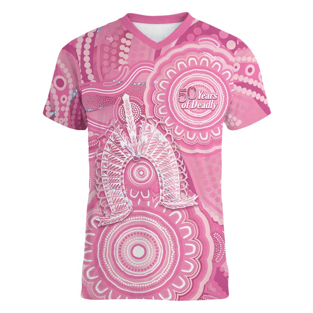 50 Years Deadly NAIDOC Week 2026 Personalised Women V-Neck T-Shirt Dhari Pink Indigenous Art