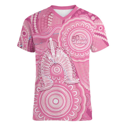 50 Years Deadly NAIDOC Week 2026 Personalised Women V-Neck T-Shirt Dhari Pink Indigenous Art