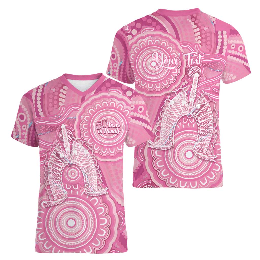 50 Years Deadly NAIDOC Week 2026 Personalised Women V-Neck T-Shirt Dhari Pink Indigenous Art