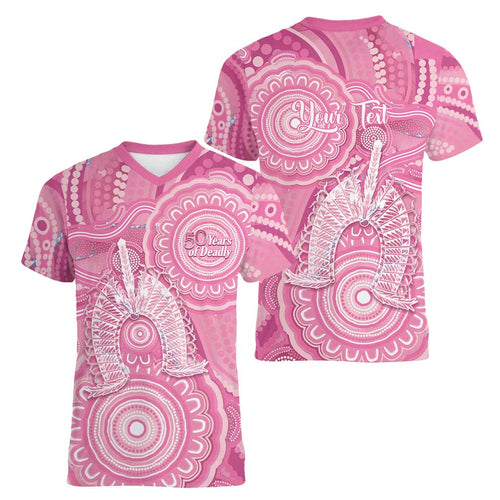 50 Years Deadly NAIDOC Week 2026 Personalised Women V-Neck T-Shirt Dhari Pink Indigenous Art