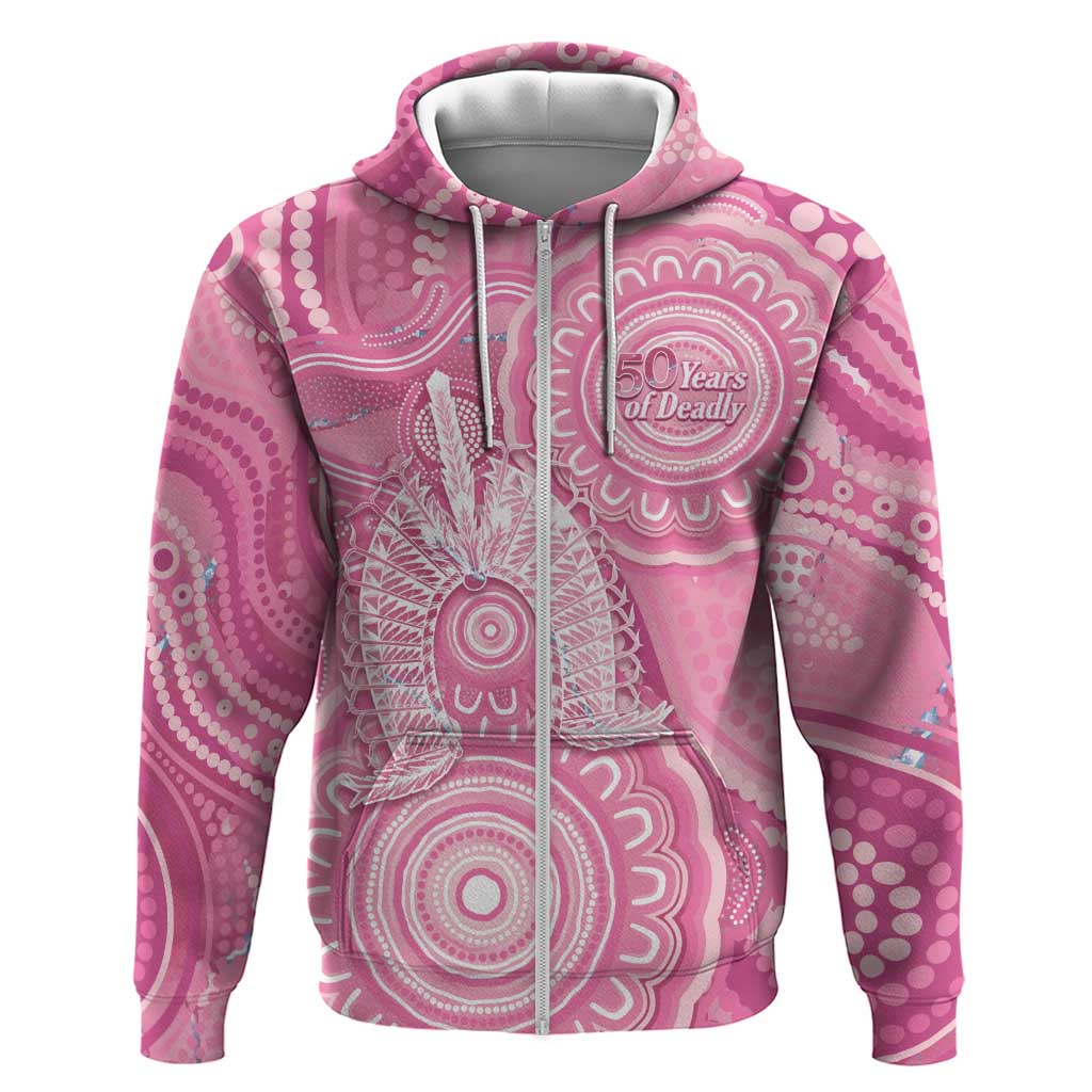 50 Years Deadly NAIDOC Week 2026 Personalised Zip Hoodie Dhari Pink Indigenous Art