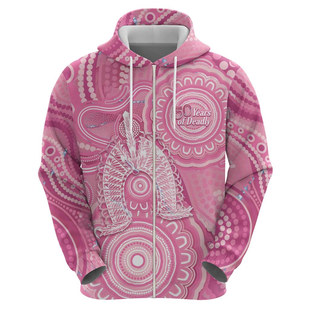 50 Years Deadly NAIDOC Week 2026 Personalised Zip Hoodie Dhari Pink Indigenous Art