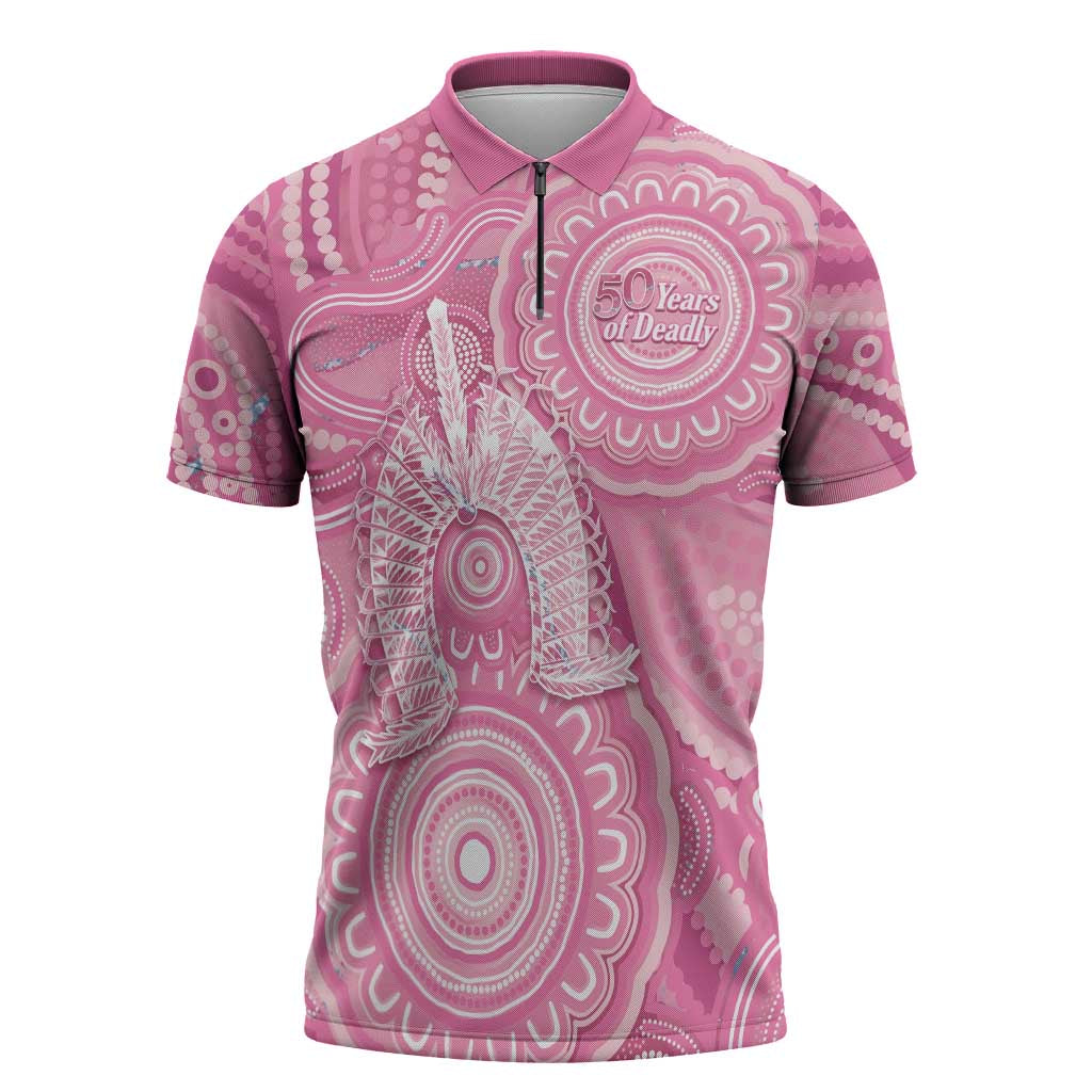 50 Years Deadly NAIDOC Week 2026 Personalised Zipper Polo Shirt Dhari Pink Indigenous Art