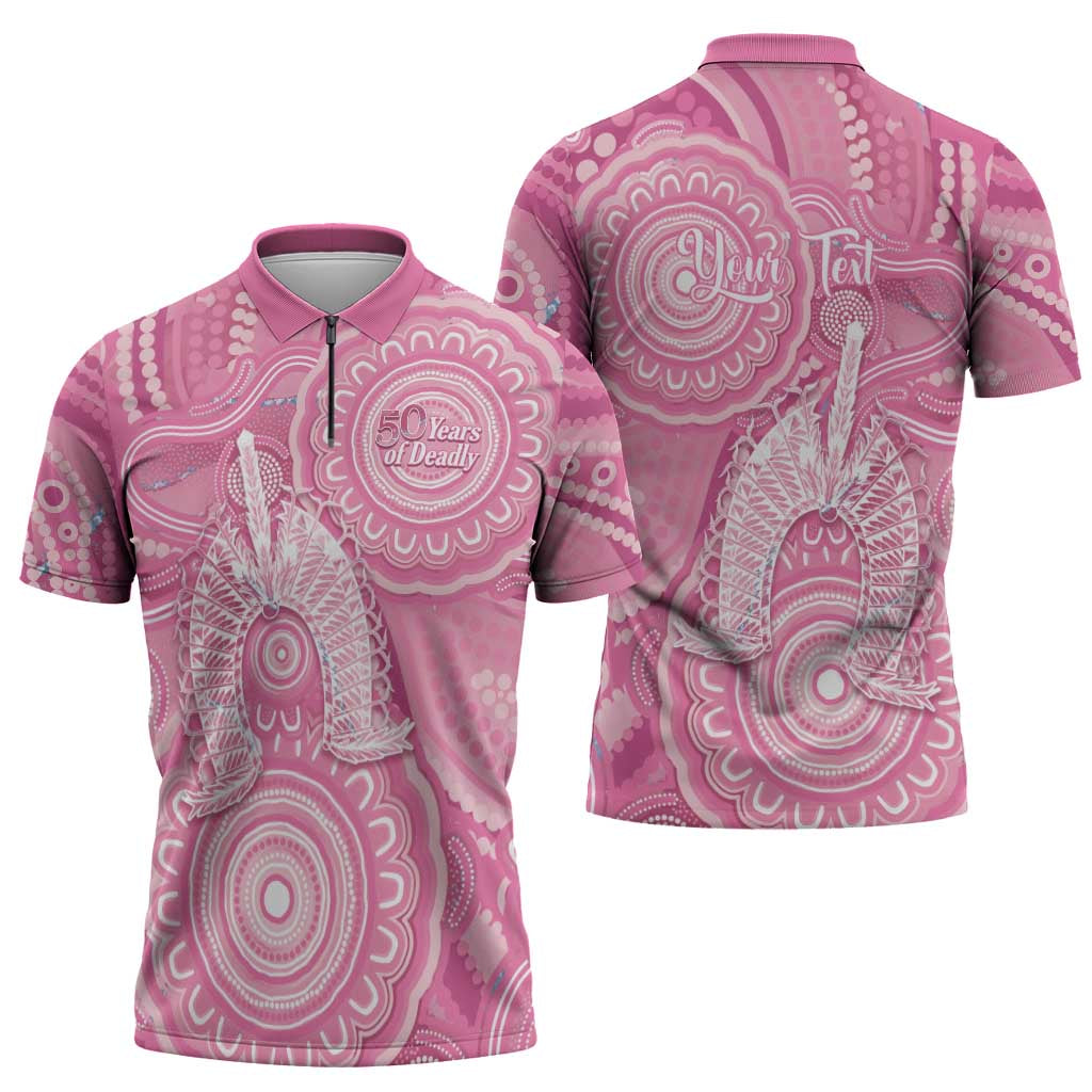 50 Years Deadly NAIDOC Week 2026 Personalised Zipper Polo Shirt Dhari Pink Indigenous Art