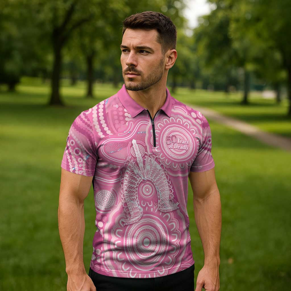 50 Years Deadly NAIDOC Week 2026 Personalised Zipper Polo Shirt Dhari Pink Indigenous Art