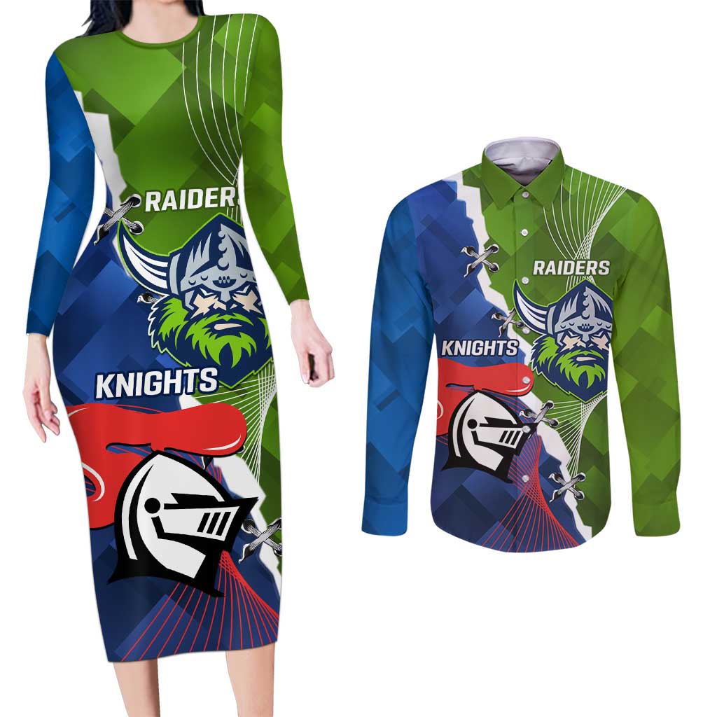 Personalised Knights and Raiders Couples Matching Long Sleeve Bodycon Dress and Long Sleeve Button Shirt Dynamic Sporty Version