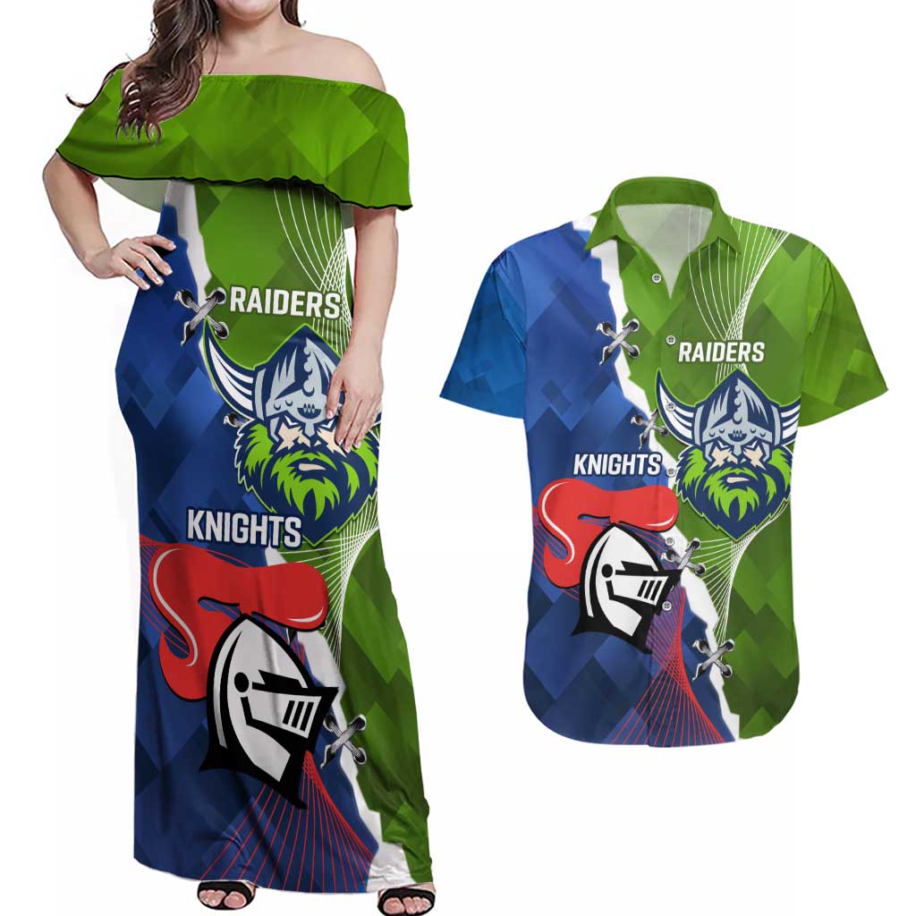 Personalised Knights and Raiders Couples Matching Off Shoulder Maxi Dress and Hawaiian Shirt Dynamic Sporty Version