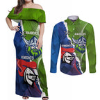 Personalised Knights and Raiders Couples Matching Off Shoulder Maxi Dress and Long Sleeve Button Shirt Dynamic Sporty Version