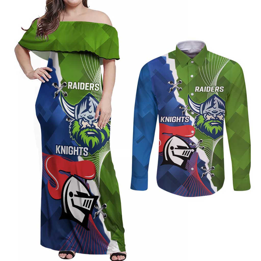 Personalised Knights and Raiders Couples Matching Off Shoulder Maxi Dress and Long Sleeve Button Shirt Dynamic Sporty Version