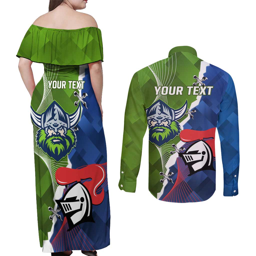 Personalised Knights and Raiders Couples Matching Off Shoulder Maxi Dress and Long Sleeve Button Shirt Dynamic Sporty Version