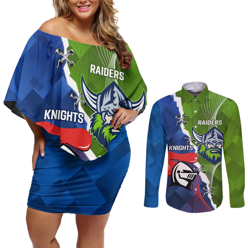 Personalised Knights and Raiders Couples Matching Off Shoulder Short Dress and Long Sleeve Button Shirt Dynamic Sporty Version
