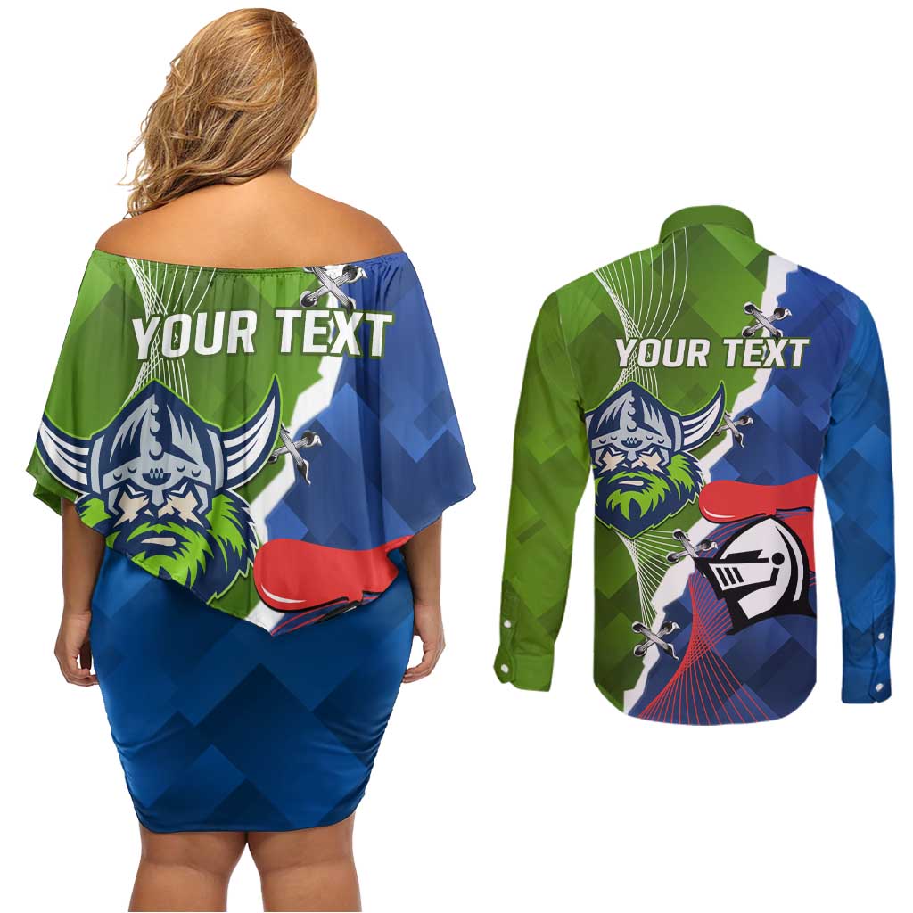 Personalised Knights and Raiders Couples Matching Off Shoulder Short Dress and Long Sleeve Button Shirt Dynamic Sporty Version