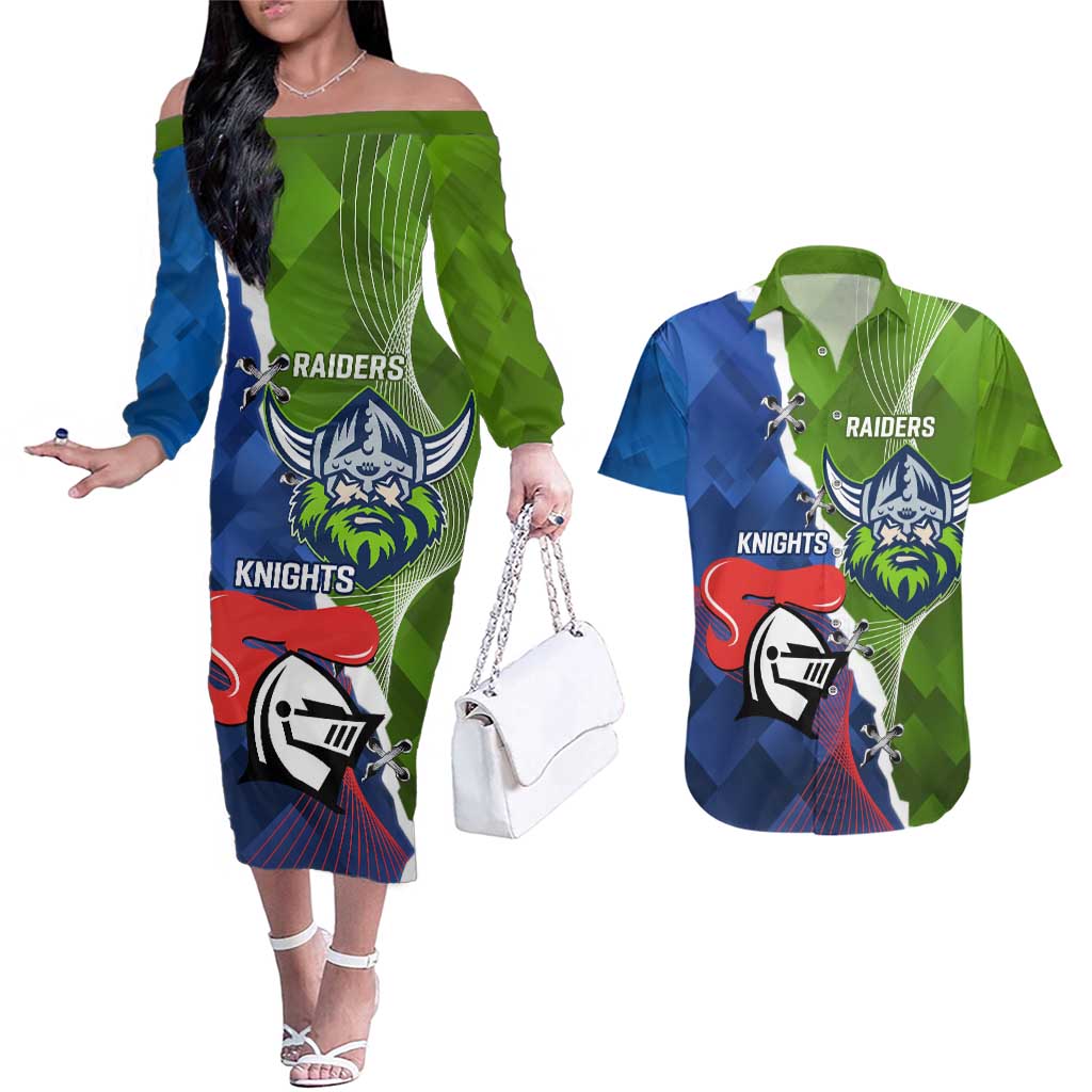 Personalised Knights and Raiders Couples Matching Off The Shoulder Long Sleeve Dress and Hawaiian Shirt Dynamic Sporty Version