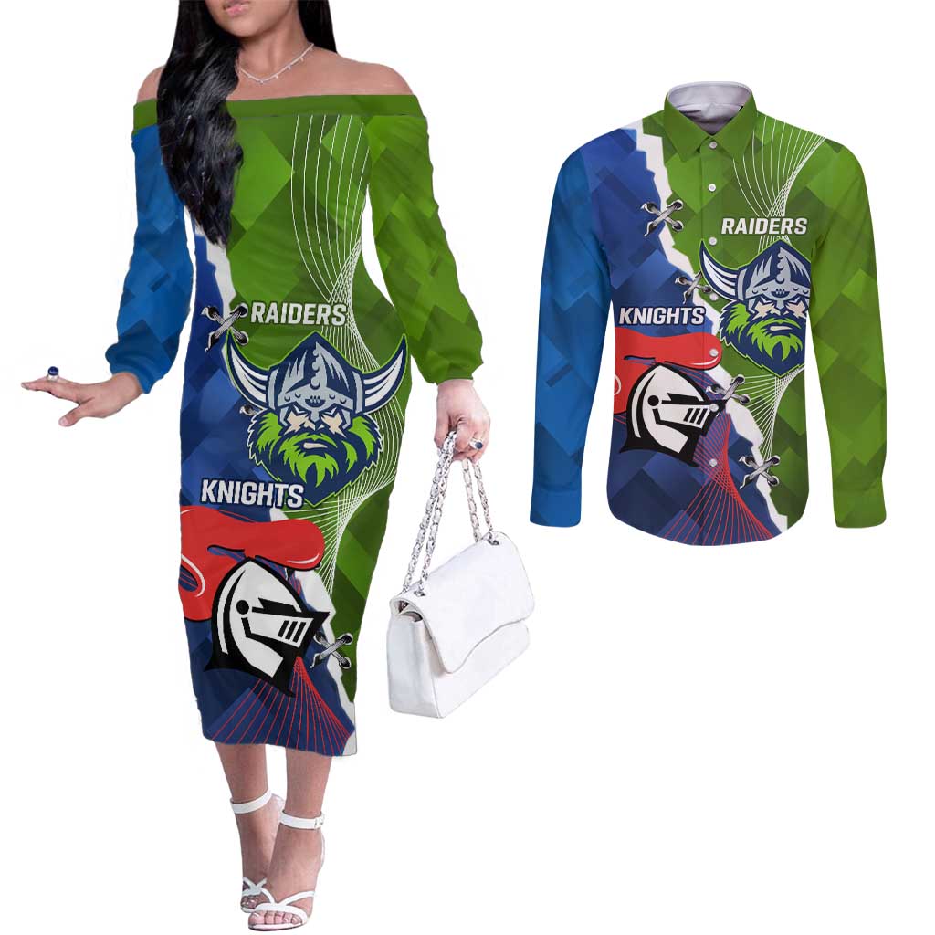 Personalised Knights and Raiders Couples Matching Off The Shoulder Long Sleeve Dress and Long Sleeve Button Shirt Dynamic Sporty Version