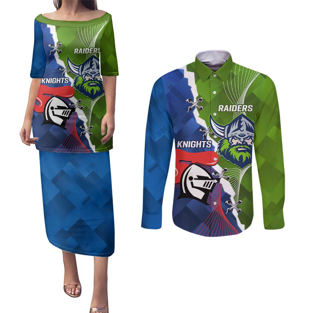 Personalised Knights and Raiders Couples Matching Puletasi and Long Sleeve Button Shirt Dynamic Sporty Version