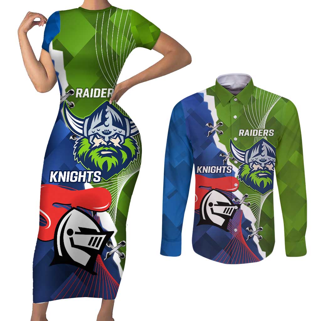 Personalised Knights and Raiders Couples Matching Short Sleeve Bodycon Dress and Long Sleeve Button Shirt Dynamic Sporty Version