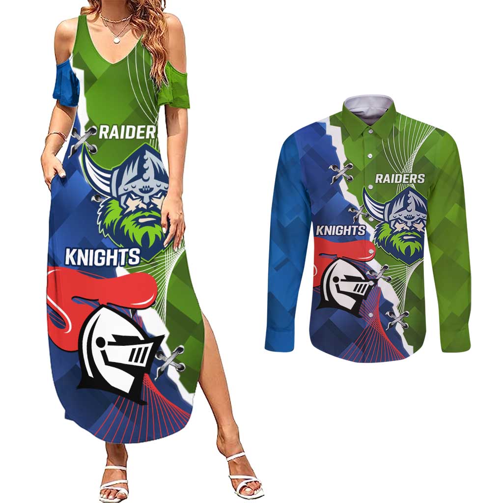 Personalised Knights and Raiders Couples Matching Summer Maxi Dress and Long Sleeve Button Shirt Dynamic Sporty Version