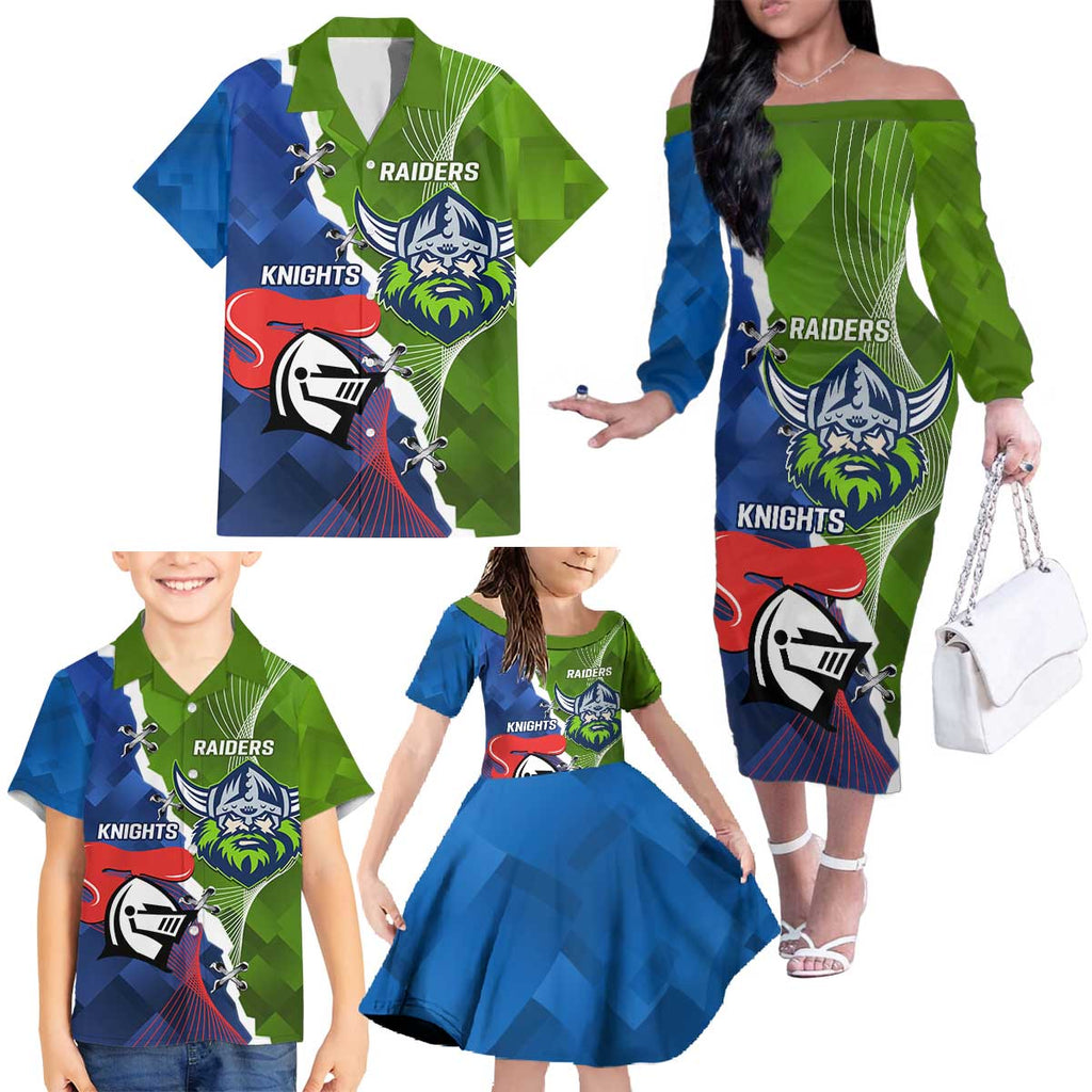 Personalised Knights and Raiders Family Matching Off The Shoulder Long Sleeve Dress and Hawaiian Shirt Dynamic Sporty Version