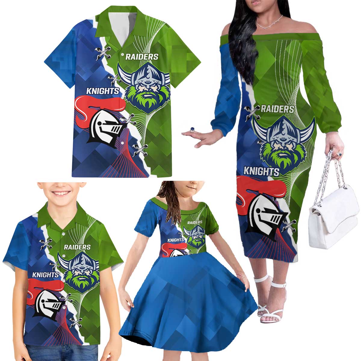 Personalised Knights and Raiders Family Matching Off The Shoulder Long Sleeve Dress and Hawaiian Shirt Dynamic Sporty Version
