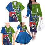 Personalised Knights and Raiders Family Matching Off The Shoulder Long Sleeve Dress and Hawaiian Shirt Dynamic Sporty Version
