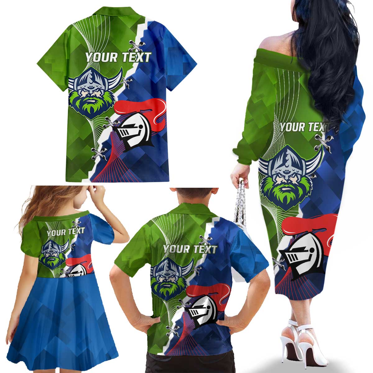 Personalised Knights and Raiders Family Matching Off The Shoulder Long Sleeve Dress and Hawaiian Shirt Dynamic Sporty Version
