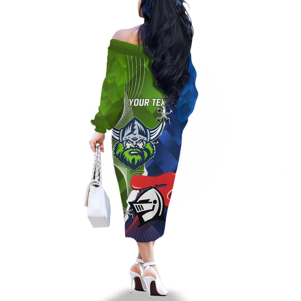 Personalised Knights and Raiders Family Matching Off The Shoulder Long Sleeve Dress and Hawaiian Shirt Dynamic Sporty Version