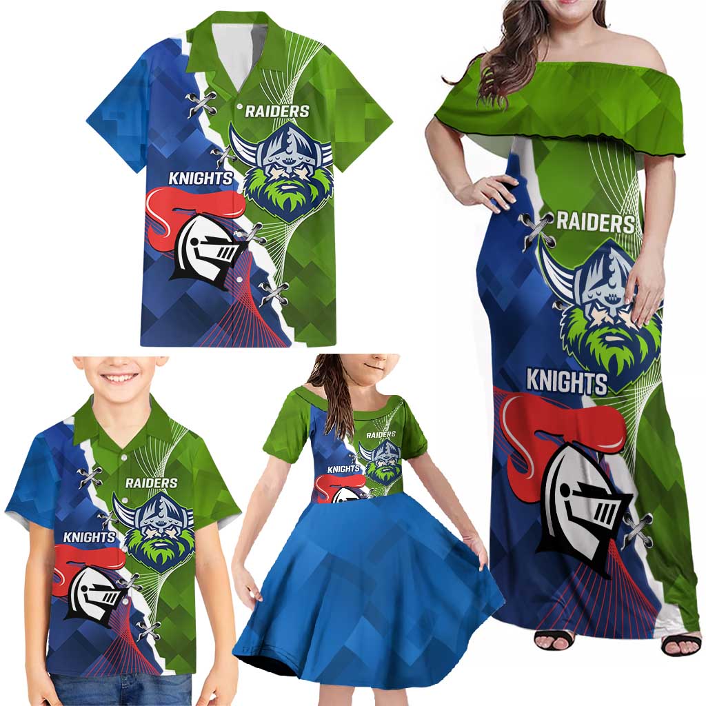 Personalised Knights and Raiders Family Matching Off Shoulder Maxi Dress and Hawaiian Shirt Dynamic Sporty Version