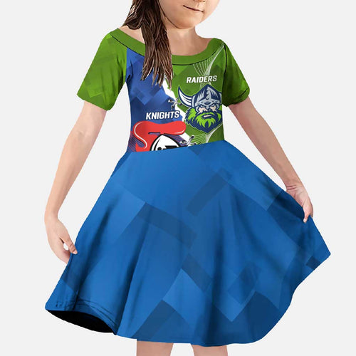 Personalised Knights and Raiders Family Matching Off Shoulder Maxi Dress and Hawaiian Shirt Dynamic Sporty Version