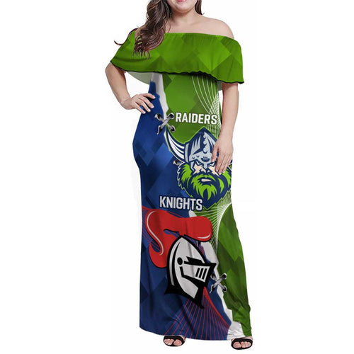 Personalised Knights and Raiders Family Matching Off Shoulder Maxi Dress and Hawaiian Shirt Dynamic Sporty Version