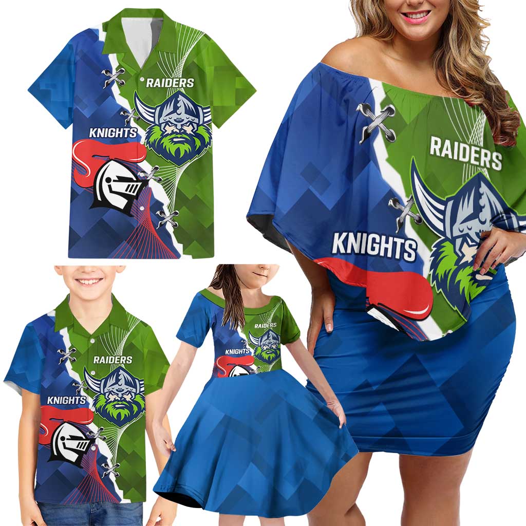 Personalised Knights and Raiders Family Matching Off Shoulder Short Dress and Hawaiian Shirt Dynamic Sporty Version