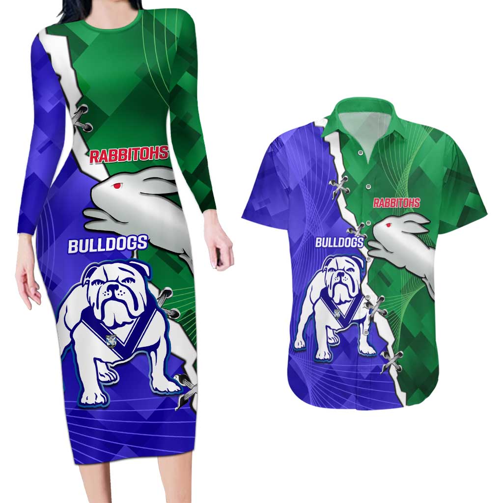 Personalised Rabbitohs and Bulldogs Couples Matching Long Sleeve Bodycon Dress and Hawaiian Shirt Dynamic Sporty Version