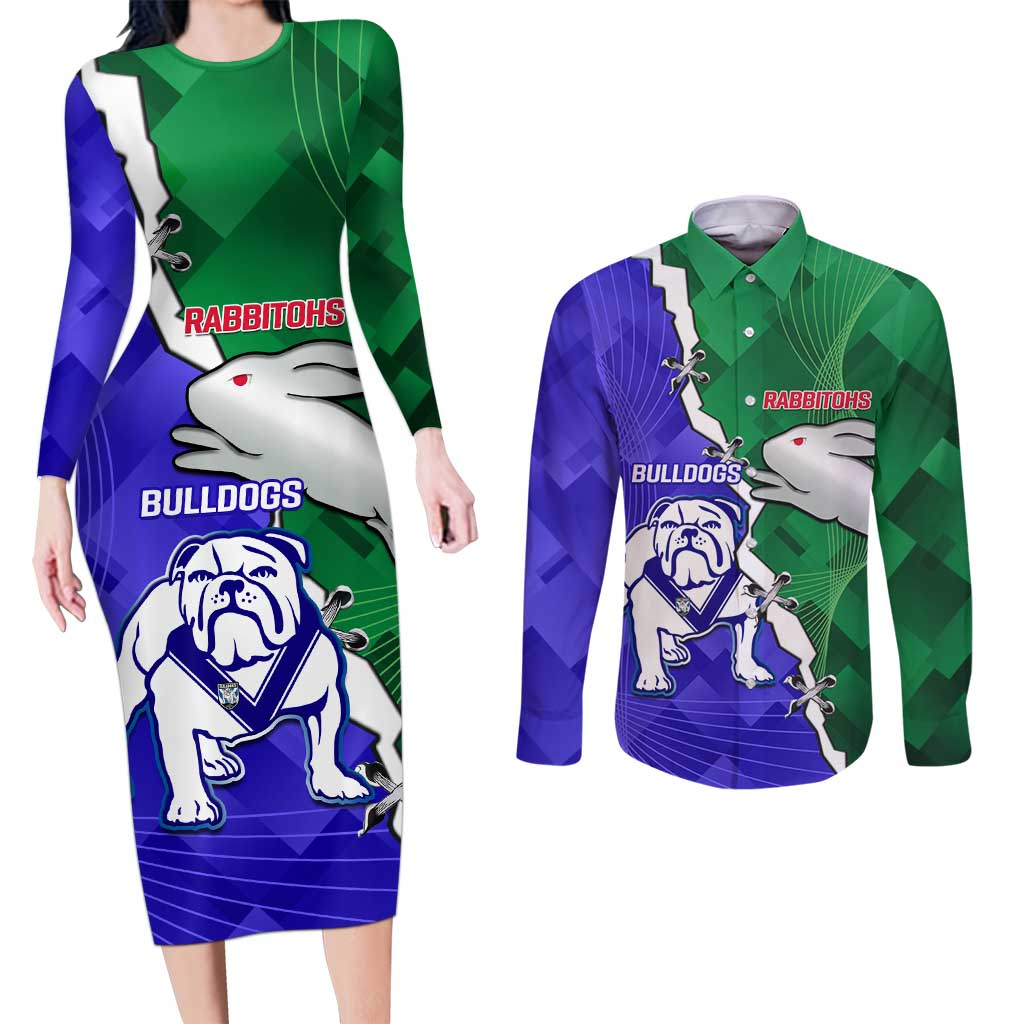 Personalised Rabbitohs and Bulldogs Couples Matching Long Sleeve Bodycon Dress and Long Sleeve Button Shirt Dynamic Sporty Version