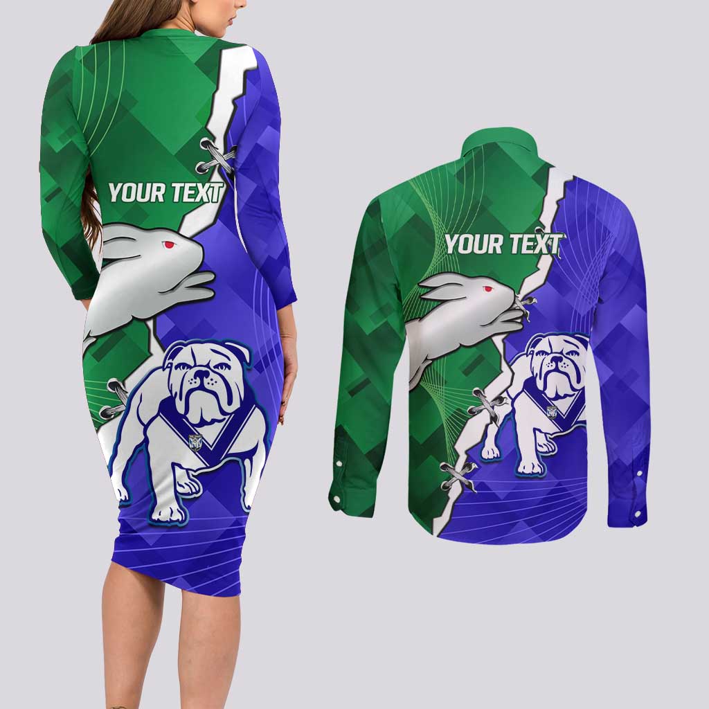 Personalised Rabbitohs and Bulldogs Couples Matching Long Sleeve Bodycon Dress and Long Sleeve Button Shirt Dynamic Sporty Version