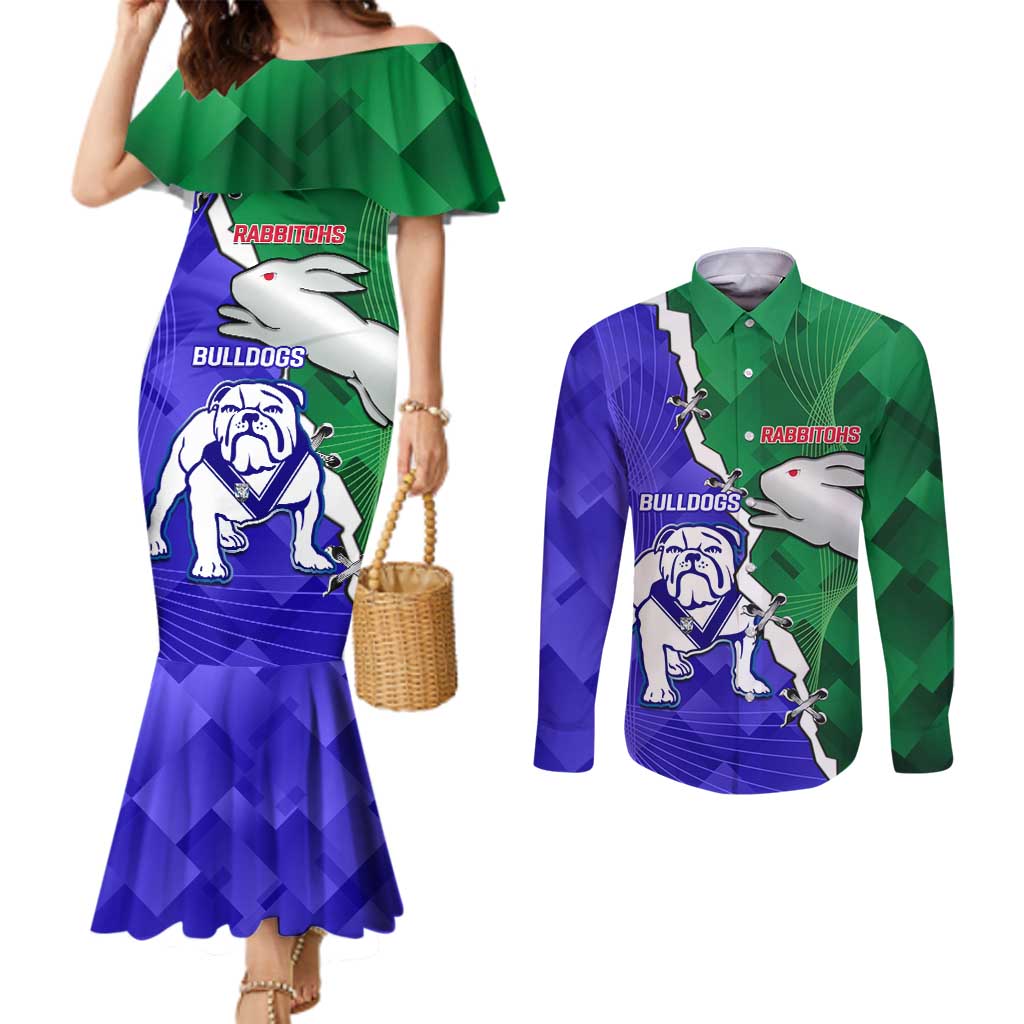 Personalised Rabbitohs and Bulldogs Couples Matching Mermaid Dress and Long Sleeve Button Shirt Dynamic Sporty Version