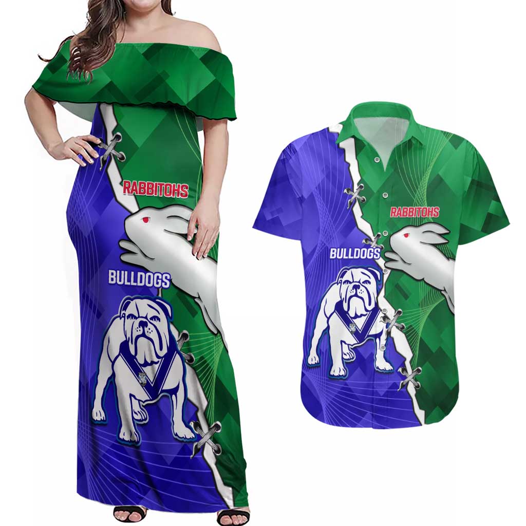 Personalised Rabbitohs and Bulldogs Couples Matching Off Shoulder Maxi Dress and Hawaiian Shirt Dynamic Sporty Version