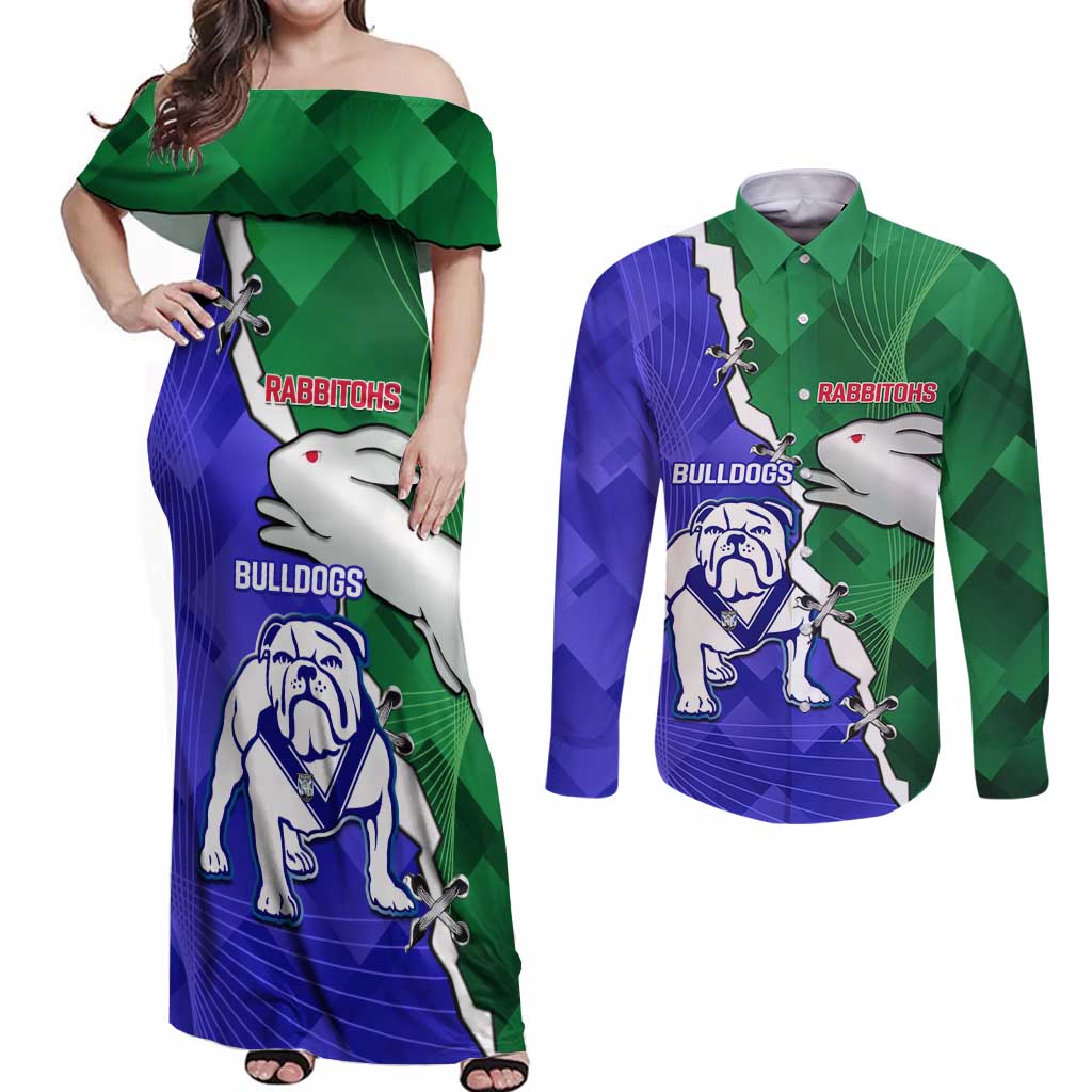 Personalised Rabbitohs and Bulldogs Couples Matching Off Shoulder Maxi Dress and Long Sleeve Button Shirt Dynamic Sporty Version